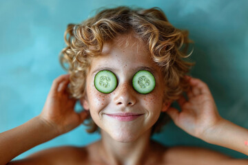 Smiling child with cucumber slices on eyes during spa day Generative AI image