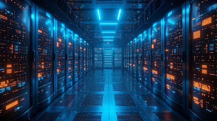 Rows of high-tech server racks illuminated in lit data center, showcasing advanced technology