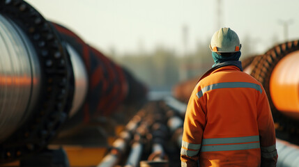 Worker overseeing pipeline transportation at dusk Generative AI image