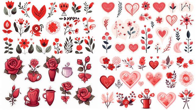 set of stickers for Valentine's Day on a white background