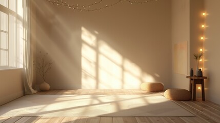 Minimalistic light beige room with vases and decorative plants in it with two pouffes carpet, LED lights and window with copyspace area for text - obrazy, fototapety, plakaty