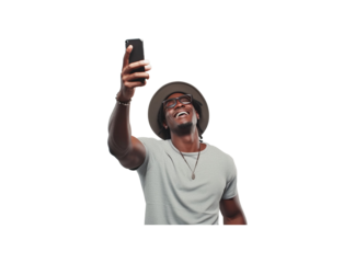 traveler black man wear t-shirt hat do selfie shot on mobile cell phone