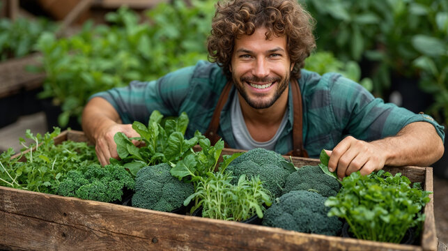 Smiling man holding a crate full of fresh vegetables Generative AI image