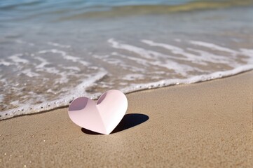 Paper heart on beach with sand and waves. valentine's day, love romance paper heart