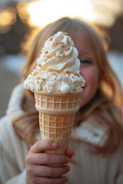 Young girl enjoying a delicious ice cream cone at dusk Generative AI image