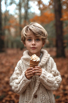 Young boy with ice cream in autumn forest Generative AI image