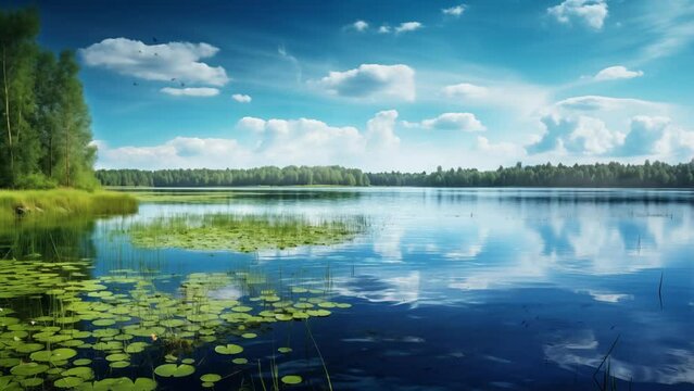 backwater on the lake. nature background sunny bright day with reflection on a lake. seamless looping overlay 4k virtual video animation background 