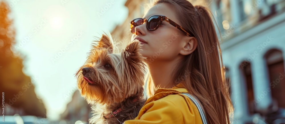 Canvas Prints Stylish girl with Yorkshire Terrier in the city, exuding beauty and style.