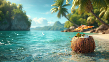 Tropical beach escape with coconut cocktail Generative AI image