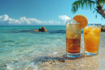 Tropical beach refreshment with two summer cocktails Generative AI image