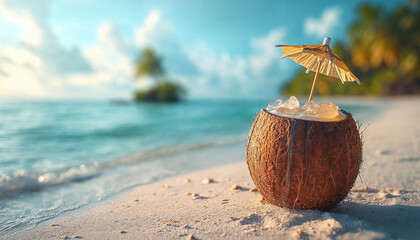 Tropical coconut cocktail on a sunny beach Generative AI image
