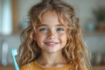 Young girl smiling with a toothbrush in a bright home Generative AI image