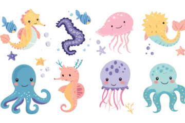 Fotobehang Cute underwater animals, fish, seahorse, jellyfish and octopus © Zaleman