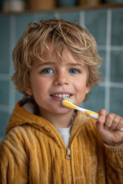 Little boy brushing teeth with a yellow toothbrush Generative AI image