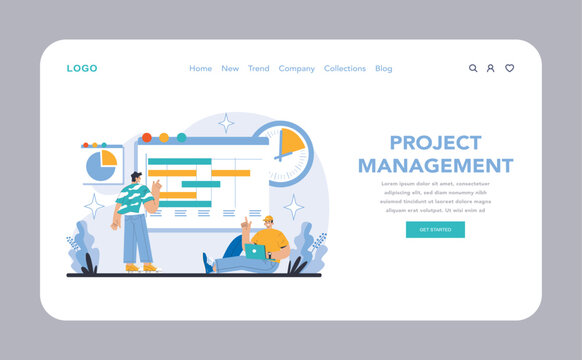 Strategy and management web or landing page. Team managing timelines, resources, and deliverables. Visualizing project schedules, meeting deadlines, optimizing task allocation. Vector illustration.
