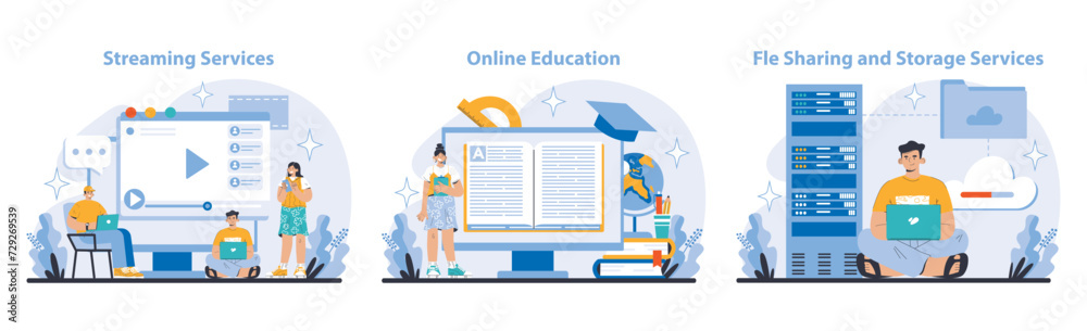 Poster technology and innovation set. engaging streaming platforms, comprehensive online education, secure 