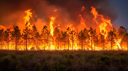 Intense Wildfire Consuming a Pine Forest at Night Generative AI image