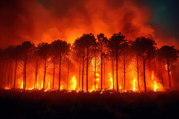 Intense wildfire engulfing a forest at night Generative AI image