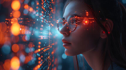 Woman in Technology and AI Revolutionizing Digital Innovation Worldwide. Female Engineer Navigating the artificial intelligence Landscape of Explore the Future, Tomorrow, and Futuristic Concepts. - obrazy, fototapety, plakaty