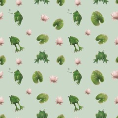 Cute cartoon frogs with river plant leaves and lilies on a color background