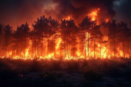 Intense wildfire engulfing a dense forest at twilight Generative AI image