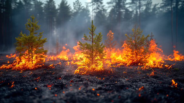 Young pine trees engulfed by wildfire flames Generative AI image