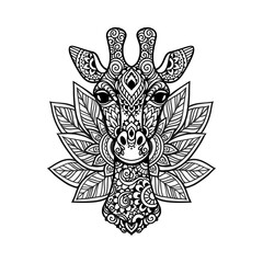 Giraffe mandala. Vector illustration. Adult coloring page. animal in Zen boho style. Sacred, Peaceful. Tattoo print ornaments Indian, Mexican