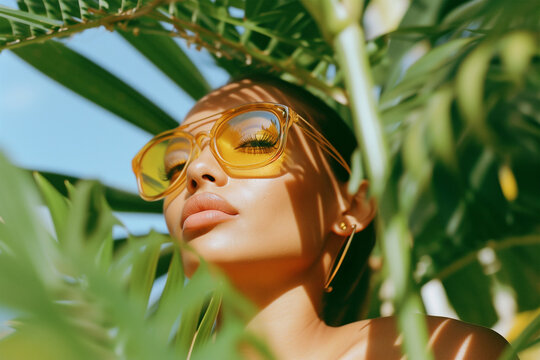 Stylish woman with yellow sunglasses under palm leaves Generative AI image