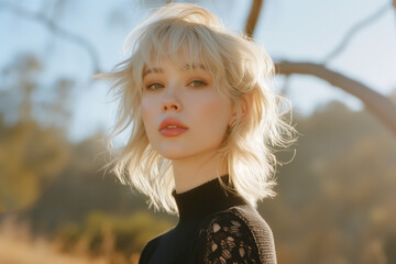 Young woman with short blonde hair enjoying golden hour Generative AI image