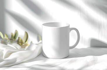 Rustic Elegance: Blank White Mug Mockup with Leaves & Flowers 