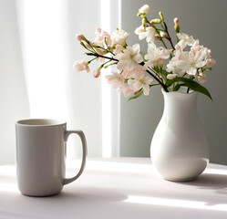 A mockup of an empty white cup sitting on top of the table with a vase