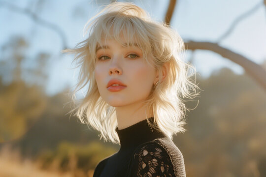 Young woman with short blonde hair enjoying golden hour Generative AI image