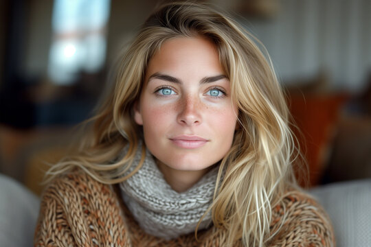 Serene young woman in cozy sweater at home Generative AI image