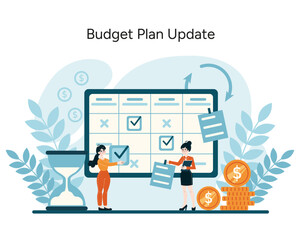 Budget Plan Update concept. Dynamic adaptation and realignment of fiscal strategies. Timely financial revisions for optimized performance. Flat vector illustration