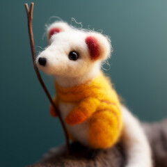 A felted figurine of a white and orange ferret. A cute mink toy made of wool. AI-generated