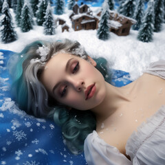 A close-up portrait of a young woman lying down on a bed of snow in a village in winter. Pretty depressed lady losing consciousness outdoors. AI-generated