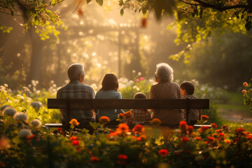 Family Contemplating Sunset Together.
Family on bench watching the sunset. - obrazy, fototapety, plakaty