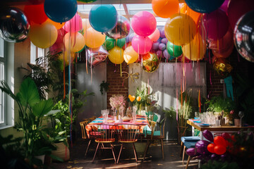 A room decorated with colorful balloons, plants, and other festive decorations, all set for a fun celebration. Festive interior prepared for a birthday party with nobody in sight. AI-generated