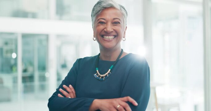 Face, business and mature woman with arms crossed, smile and funny with employee and accountant. Portrait, senior person or ceo with startup or confidence with happiness and consultant in a workplace