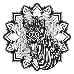 Zebra mandala. Vector illustration. Adult coloring page. Animal in Zen boho style. Sacred, Peaceful. Tattoo print ornaments. Black and white