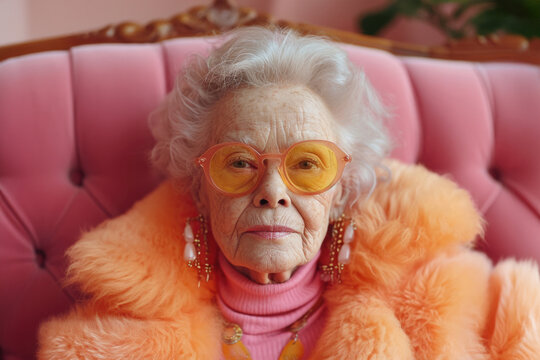 Eccentric senior woman with stylish glasses and fur coat Generative AI image