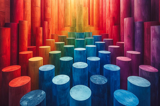 Vibrant multicolored cylinders forming an abstract landscape Generative AI image