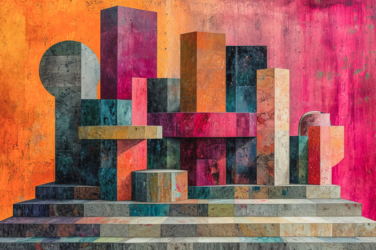 Colorful geometric shapes with grunge texture Generative AI image