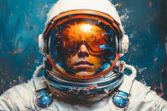 Generative AI illustration of close-up of an astronaut's helmet with vibrant reflections and splashes of paint on the visor and suit