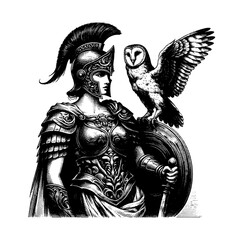 Fototapeta premium Athena in battle armor, with an owl perched on her shoulder drawing