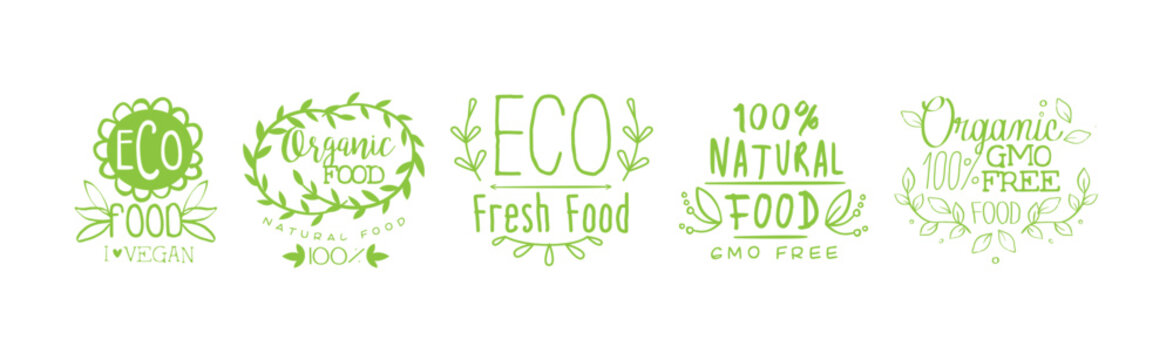 Green Food Label and Natural Organic Product Badge Vector Set