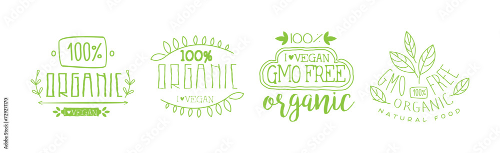 Sticker Green Food Label and Natural Organic Product Badge Vector Set