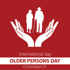 Vector illustration, silhouette of two old people holding sticks, and palms underneath, as a banner or poster, International Day of Older Persons.