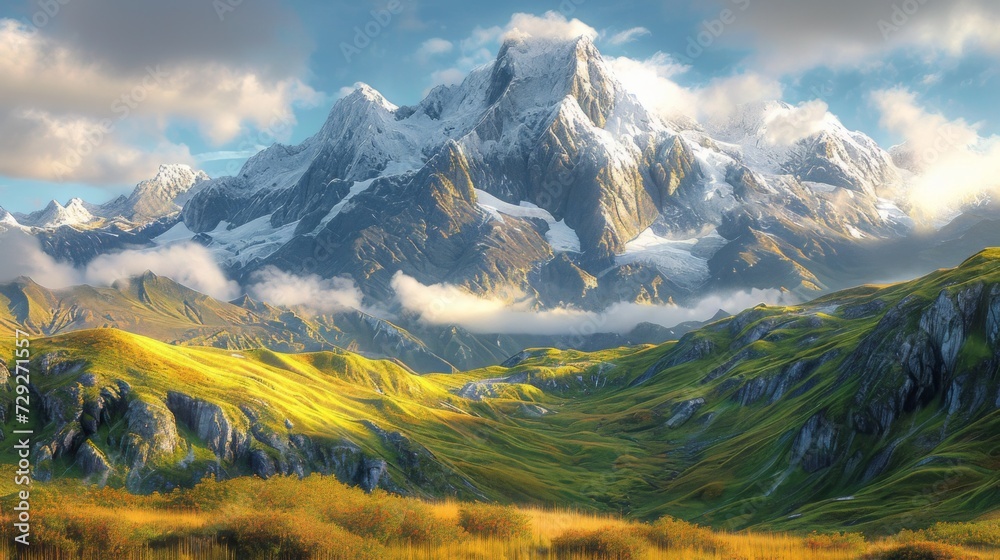 Poster serene mountain landscape with pristine snow-capped summits, scattered clouds hovering over the peak