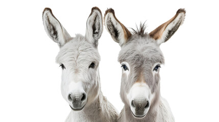 Close up portrait of a two donkeys, front view, transparent, isolated on white background